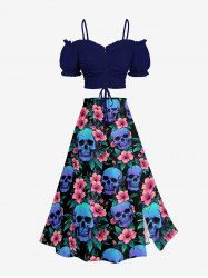 Solid Cinched Top and Skulls Hibiscus Flower Leaf Print Hawaii Split A Line Skirt Matching Set - Bleu 
