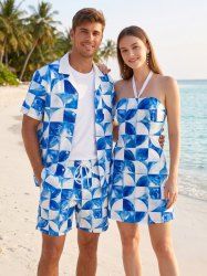 Geometric Tie Dye Print Matching Hawaii Beach Outfit For Couples - Bleu 