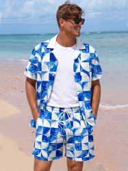 Ensemble coordonné Hawaii à imprimé tie-dye géométrique pour homme - Bleu 