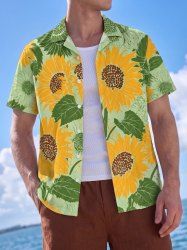 Sunflowers Leaf Print Buttons Pocket Hawaii Shirt For Men - Vert XL