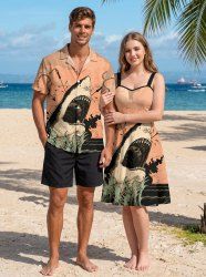 Tenue de plage hawaïenne assortie pour couples avec imprimé requin et plante marine - orange clair 