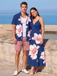 Tenue de plage hawaïenne assortie à imprimé floral pour couple - Cadetblue 