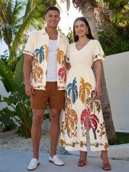 Tenue de plage hawaïenne assortie à imprimé fleur de cocotier pour couple - Beige 