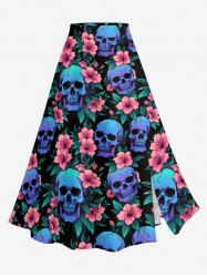 Jupe A-line fendue Hawaii à imprimé crânes, hibiscus et feuilles - Émeraude 1X