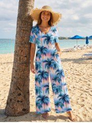 Coconut Tree Ombre Print Hawaii Wide Leg Jumpsuit -  