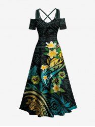 Robe maxi hawaïenne à épaules dénudées et entrecroisées, imprimé fleur d'hibiscus et feuilles tropicales - Vert Foncé XXS