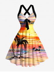 Robe débardeur Hawaï à imprimé peinture à l'huile de paysage marin avec cocotier et soleil, bretelles entrecroisées et nœud - Orange S