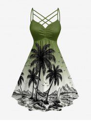 Robe Hawaii imprimé ombré paysage marin montagne cocotier, froncée avec bretelles entrecroisées en lattice -  5X