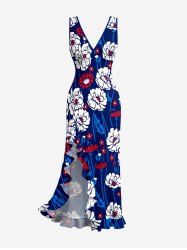 Robe portefeuille à imprimé floral et feuilles, style Hawaï, volants et fente - Bleu profond XS