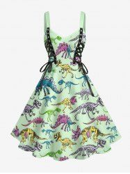 Dinosaur Skeleton Print Lace Up Grommets Hawaii Tank Dress -  