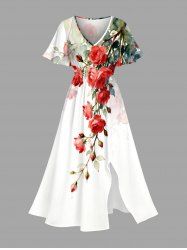 Robe midi coupe A à imprimé fleurs et feuilles Hawaii avec poches fendues - Blanc L