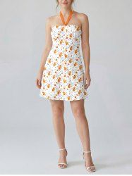 Orange Juice Leaf Print Hawaii Halter A Line Dress -  