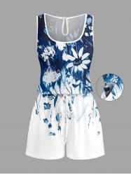 Flower Leaf Print Hawaii Drawstring Pocket Romper -  
