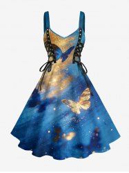 Glitter Butterfly Galaxy Print Hawaii Lace Up A Line Dress -  