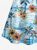 Blouse hawaïenne à imprimé fleurs, cocotiers et bateaux, épaules dénudées et volants - Bleu clair 5XL