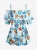 Blouse hawaïenne à imprimé fleurs, cocotiers et bateaux, épaules dénudées et volants - Bleu clair 5XL