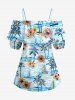 Blouse hawaïenne à imprimé fleurs, cocotiers et bateaux, épaules dénudées et volants - Bleu clair 5XL
