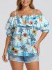 Blouse hawaïenne à imprimé fleurs, cocotiers et bateaux, épaules dénudées et volants - Bleu clair 5XL