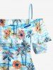 Tenue de plage hawaïenne assortie pour couples - imprimé fleurs, cocotier et bateau - Bleu clair 