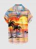 Chemise hawaïenne pour homme avec imprimé peinture à l'huile de paysage marin, cocotier et soleil, boutons et poche - Orange S