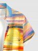 Chemise hawaïenne pour homme avec imprimé peinture à l'huile de paysage marin, cocotier et soleil, boutons et poche - Orange S
