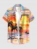 Chemise hawaïenne pour homme avec imprimé peinture à l'huile de paysage marin, cocotier et soleil, boutons et poche - Orange S