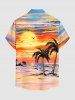 Chemise hawaïenne pour homme avec imprimé peinture à l'huile de paysage marin, cocotier et soleil, boutons et poche - Orange S