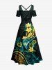 Robe maxi hawaïenne à épaules dénudées et entrecroisées, imprimé fleur d'hibiscus et feuilles tropicales - Vert Foncé XXS