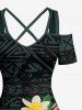 Robe maxi hawaïenne à épaules dénudées et entrecroisées, imprimé fleur d'hibiscus et feuilles tropicales - Vert Foncé XXS