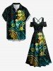 Robe maxi hawaïenne à épaules dénudées et entrecroisées, imprimé fleur d'hibiscus et feuilles tropicales - Vert Foncé XXS