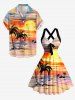 Robe débardeur Hawaï à imprimé peinture à l'huile de paysage marin avec cocotier et soleil, bretelles entrecroisées et nœud - Orange S