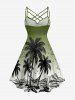 Robe Hawaii imprimé ombré paysage marin montagne cocotier, froncée avec bretelles entrecroisées en lattice -  5X