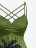 Robe Hawaii imprimé ombré paysage marin montagne cocotier, froncée avec bretelles entrecroisées en lattice -  5X