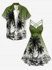 Robe Hawaii imprimé ombré paysage marin montagne cocotier, froncée avec bretelles entrecroisées en lattice -  5X