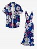 Robe portefeuille à imprimé floral et feuilles, style Hawaï, volants et fente - Bleu profond XS