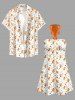 Orange Juice Leaf Print Hawaii Halter A Line Dress -  