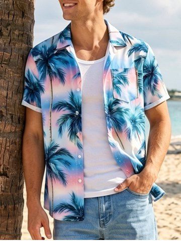 Coconut Tree Ombre Print Hawaii Button Pocket Shirt For Men