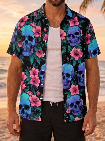 Skulls Hibiscus Flower Leaf Print Hawaii Button Pocket Shirt For Men