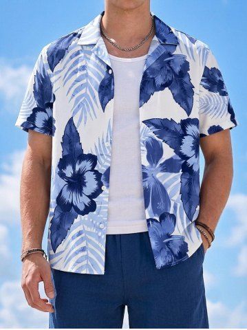 Tropical Leaf Hibiscus Flower Print Hawaii Button Pocket Shirt For Men - BLUE - S