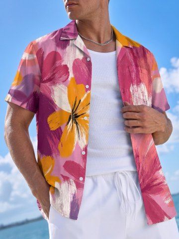 Chemise hawaïenne à boutons et poche à motif peint au pinceau floral pour homme - LIGHT PINK - 5XL