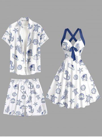 Shell Turtle Conch Anchor Leaf Print Matching Hawaii Beach Outfit For Couples - BLUE