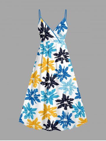 Colorful Flower Print Hawaii Surplice A Line Dress - SKY BLUE - XS