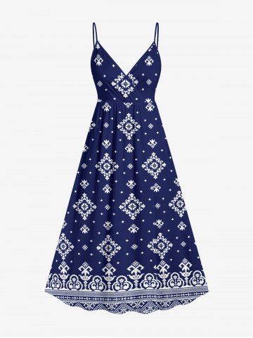 Ethnic Graphic Print Hawaii Surplice A Line Dress - DEEP BLUE - XS
