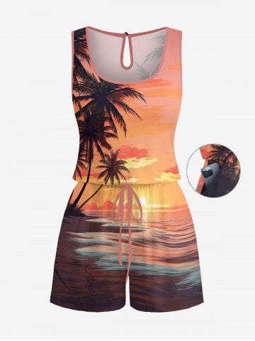Coconut Tree Cloud Seascape Print Cinched Hawaii Romper - ORANGE - L