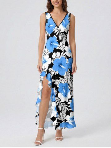 Robe portefeuille hawaïenne à imprimé hibiscus et feuilles tropicales, volants et fente - SKY BLUE - XS