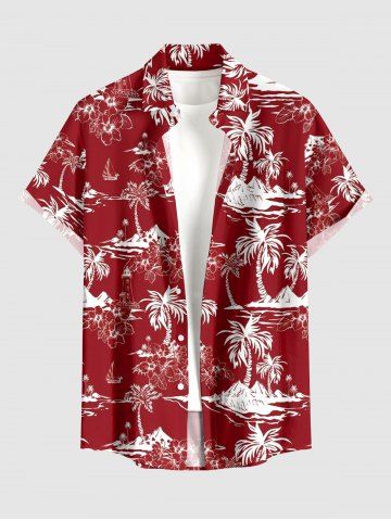 Chemise hawaïenne pour homme à imprimé cocotier et fleurs d'hibiscus, avec boutons et poche - RED WINE - 5XL