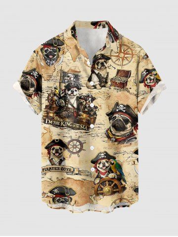 Chemise hawaïenne pour homme à imprimé chien, bateau pirate, gouvernail et perroquets, avec boutons et poche - LIGHT COFFEE - M