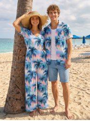 Tenue de plage hawaïenne assortie imprimé ombre cocotier pour couples - Bleu Ciel 