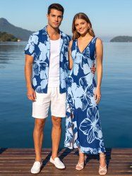 Tenue de plage hawaïenne assortie à motif hibiscus pour couples - Bleu profond 