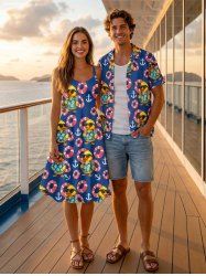Imprimé canard, bouée et ancre - Tenue de plage hawaïenne assortie pour couples - Bleu 